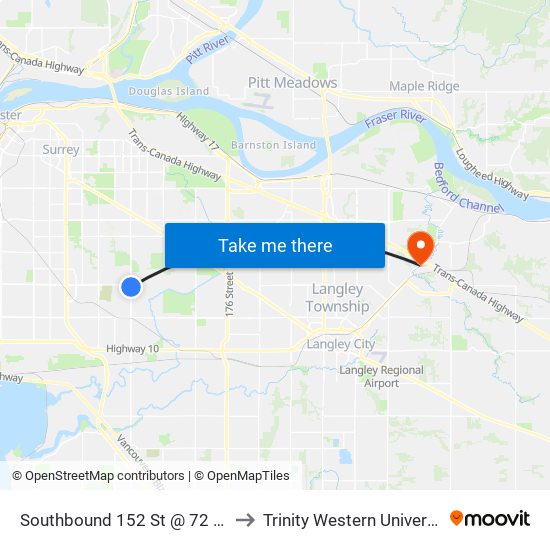 Southbound 152 St @ 72 Ave to Trinity Western University map