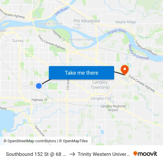Southbound 152 St @ 68 Ave to Trinity Western University map
