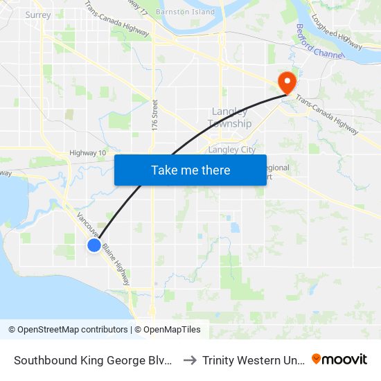 Southbound King George Blvd @ 24 Ave to Trinity Western University map