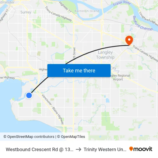 Westbound Crescent Rd @ 13700 Block to Trinity Western University map