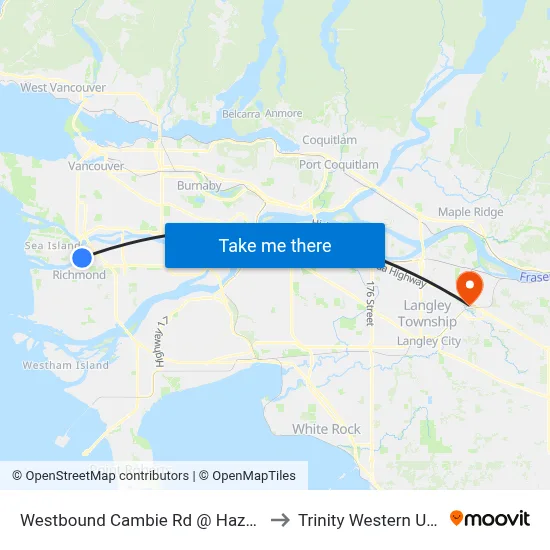 Westbound Cambie Rd @ Hazelbridge Way to Trinity Western University map