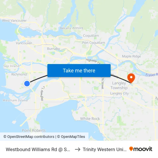 Westbound Williams Rd @ Seacote Rd to Trinity Western University map