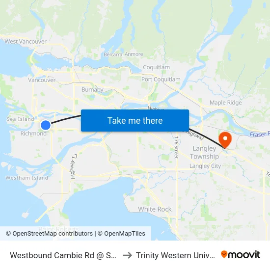 Westbound Cambie Rd @ Shell Rd to Trinity Western University map