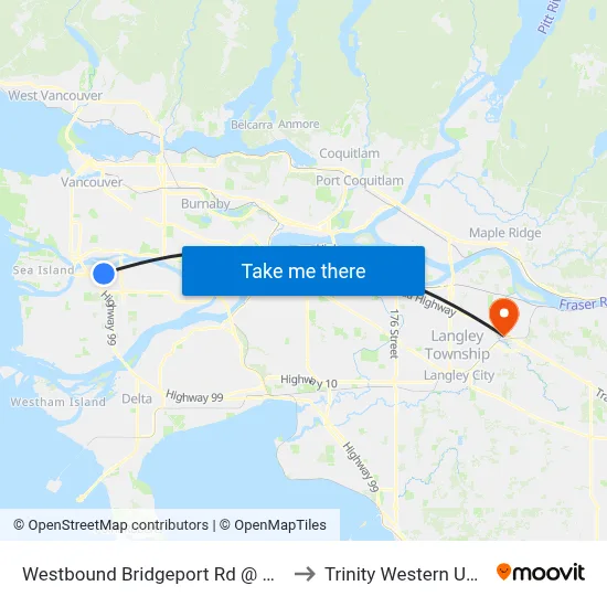 Westbound Bridgeport Rd @ Simpson Rd to Trinity Western University map