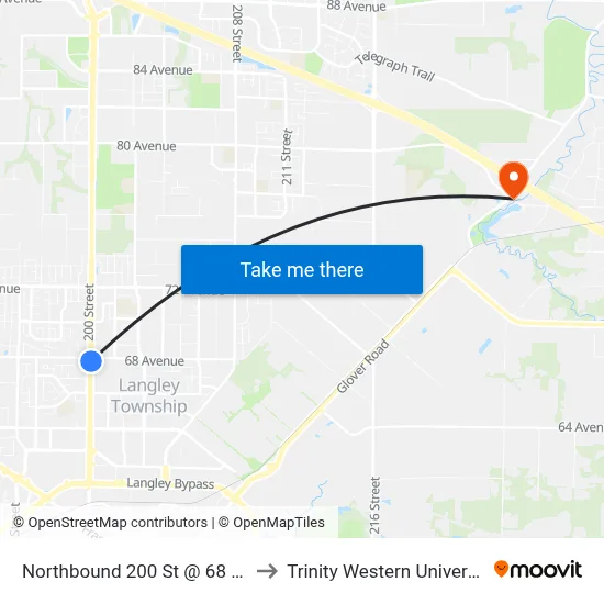 Northbound 200 St @ 68 Ave to Trinity Western University map