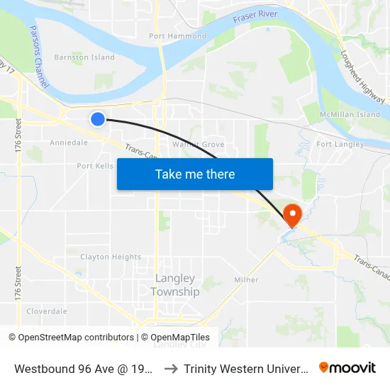 Westbound 96 Ave @ 190 St to Trinity Western University map