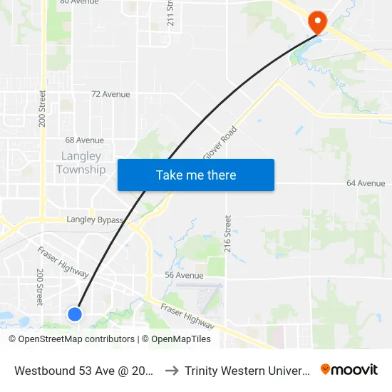 Westbound 53 Ave @ 203 St to Trinity Western University map