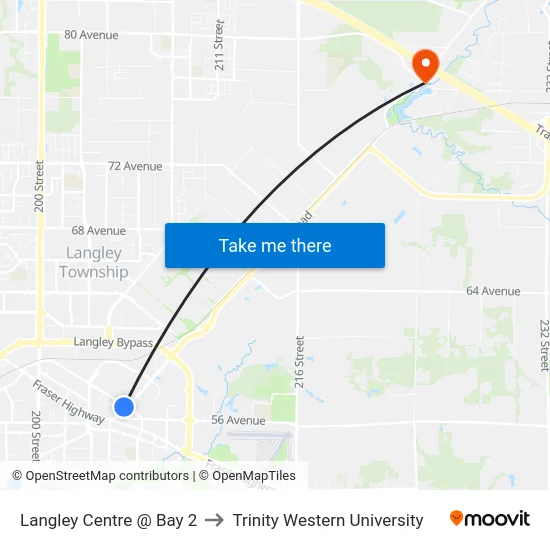 Langley Centre @ Bay 2 to Trinity Western University map