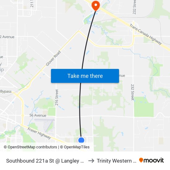 Southbound 221a St @ Langley Memorial Hospital to Trinity Western University map