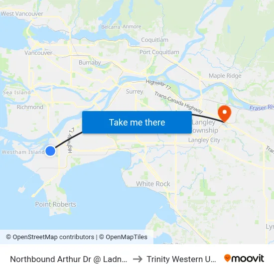 Northbound Arthur Dr @ Ladner Trunk Rd to Trinity Western University map