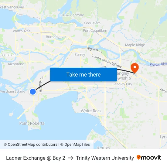 Ladner Exchange @ Bay 2 to Trinity Western University map