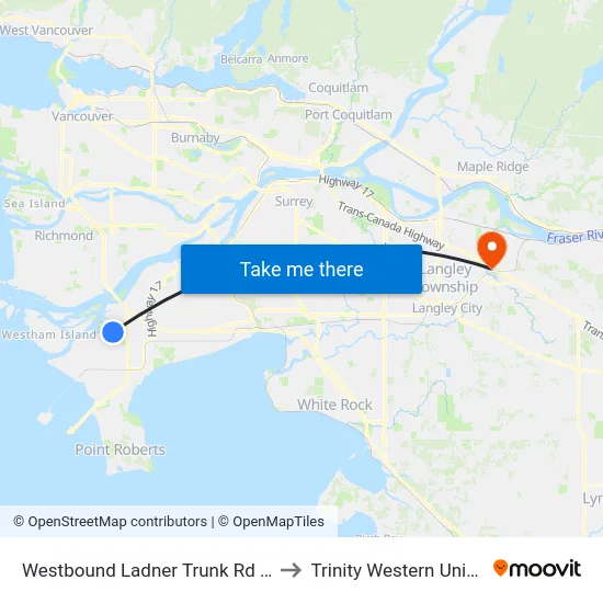 Westbound Ladner Trunk Rd @ 53 St to Trinity Western University map