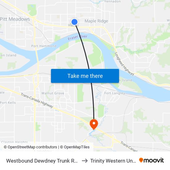 Westbound Dewdney Trunk Rd @ 216 St to Trinity Western University map