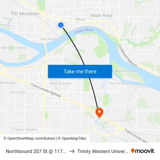 Northbound 207 St @ 117 Ave to Trinity Western University map