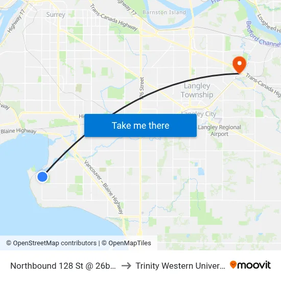 Northbound 128 St @ 26b Ave to Trinity Western University map