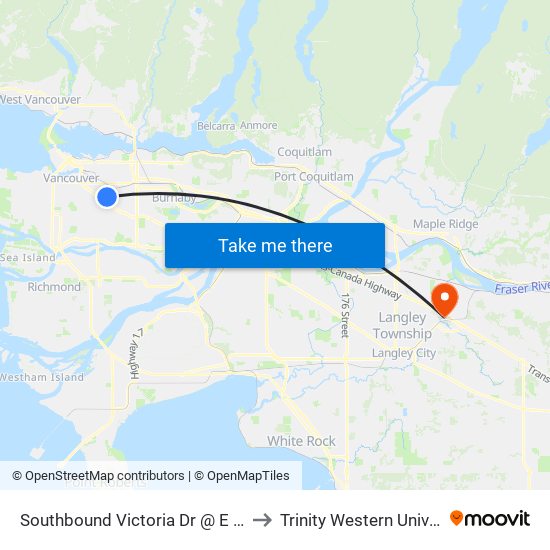 Southbound Victoria Dr @ E 22 Ave to Trinity Western University map