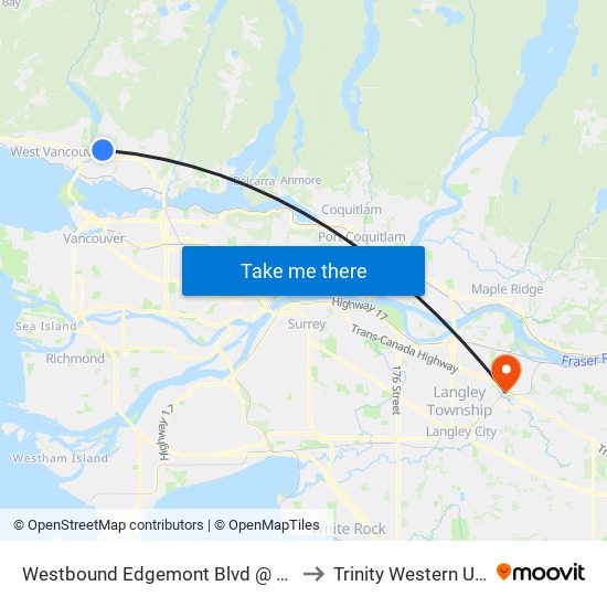 Westbound Edgemont Blvd @ Ridgewood Dr to Trinity Western University map