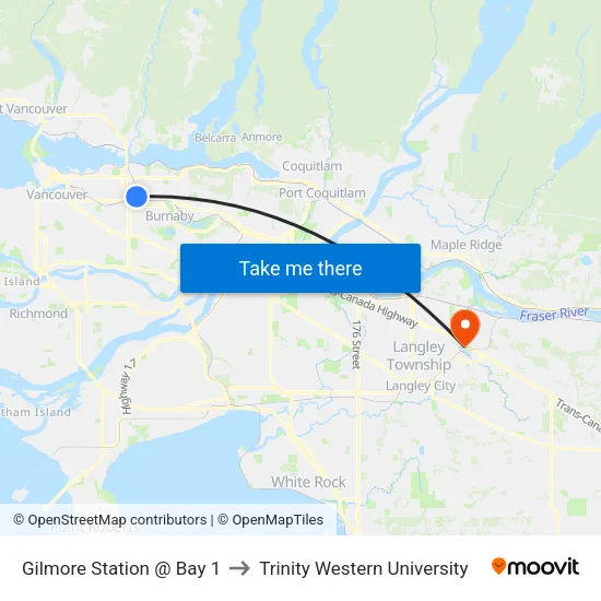 Gilmore Station @ Bay 1 to Trinity Western University map