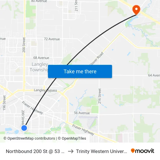 Northbound 200 St @ 53 Ave to Trinity Western University map