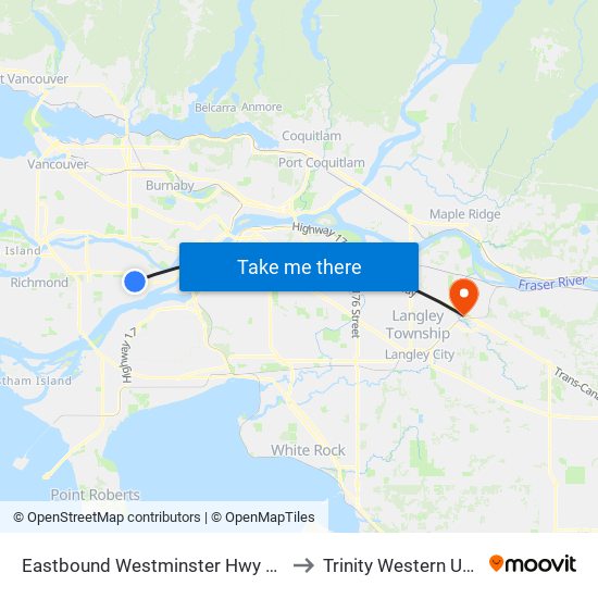 Eastbound Westminster Hwy @ Nelson Rd to Trinity Western University map