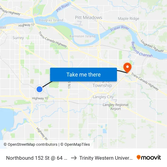Northbound 152 St @ 64 Ave to Trinity Western University map
