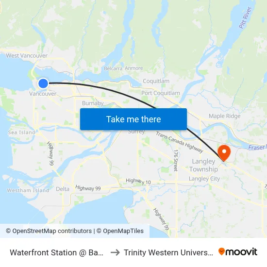 Waterfront Station @ Bay 1 to Trinity Western University map