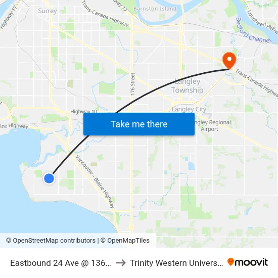 Eastbound 24 Ave @ 136 St to Trinity Western University map