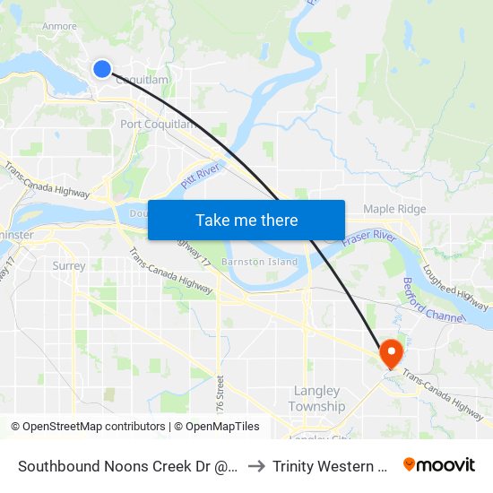 Southbound Noons Creek Dr @ Heather Place to Trinity Western University map