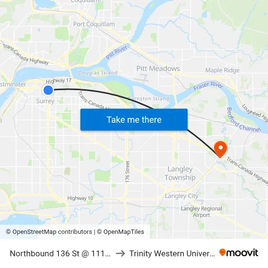 Northbound 136 St @ 111 Ave to Trinity Western University map