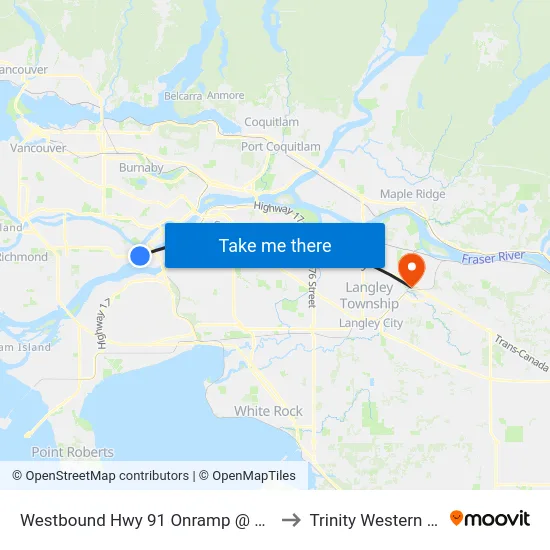 Westbound Hwy 91 Onramp @ Westminster Hwy to Trinity Western University map