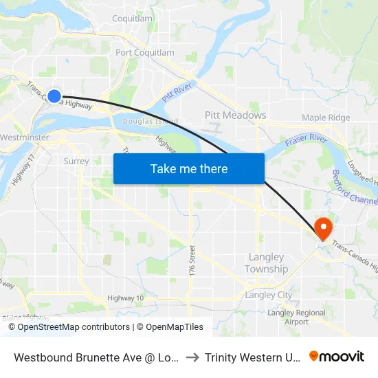 Westbound Brunette Ave @ Lougheed Hwy to Trinity Western University map