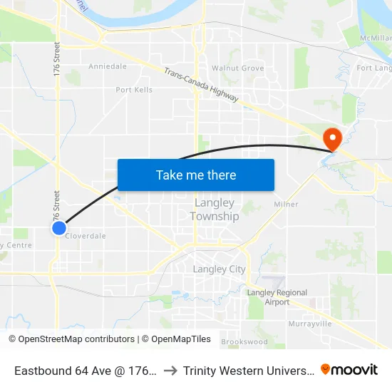 Eastbound 64 Ave @ 176 St to Trinity Western University map