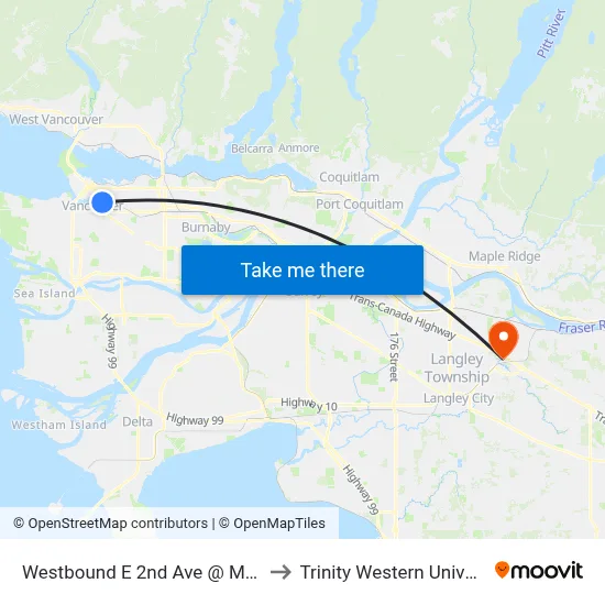 Westbound E 2nd Ave @ Main St to Trinity Western University map