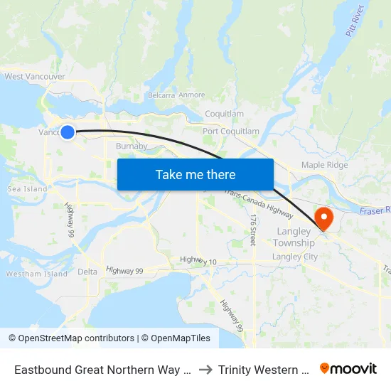 Eastbound Great Northern Way @ Brunswick St to Trinity Western University map