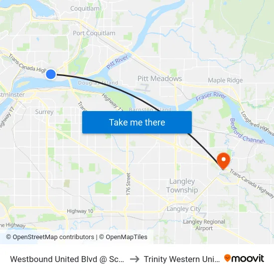 Westbound United Blvd @ Schooner St to Trinity Western University map
