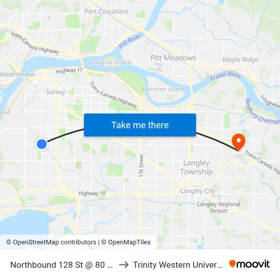 Northbound 128 St @ 80 Ave to Trinity Western University map