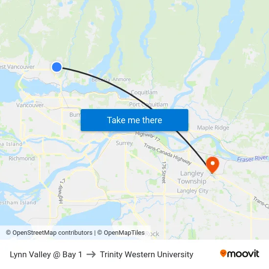 Lynn Valley @ Bay 1 to Trinity Western University map