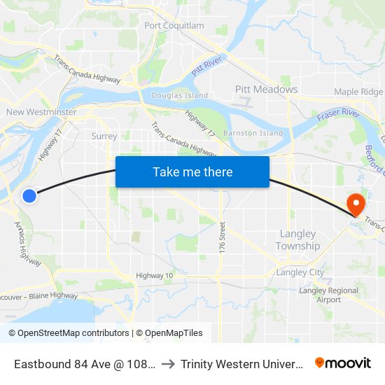 Eastbound 84 Ave @ 108 St to Trinity Western University map