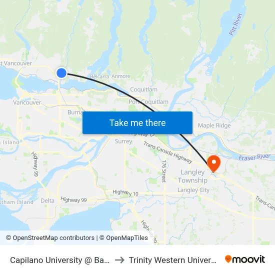 Capilano University @ Bay 2 to Trinity Western University map