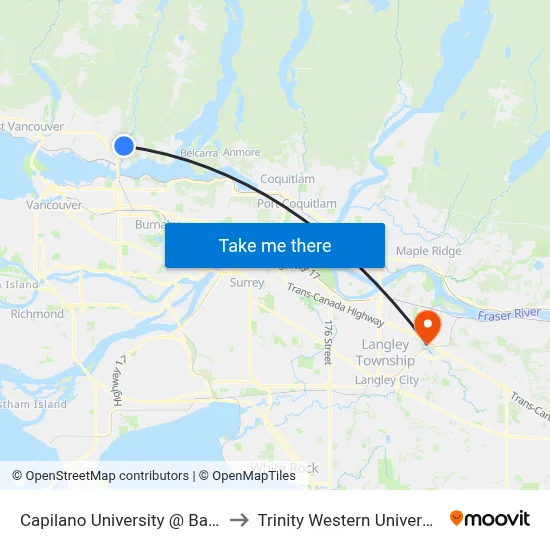 Capilano University @ Bay 3 to Trinity Western University map