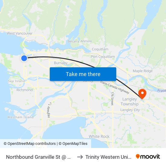 Northbound Granville St @ W 10 Ave to Trinity Western University map