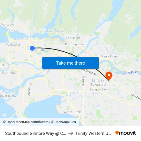 Southbound Gilmore Way @ Canada Way to Trinity Western University map