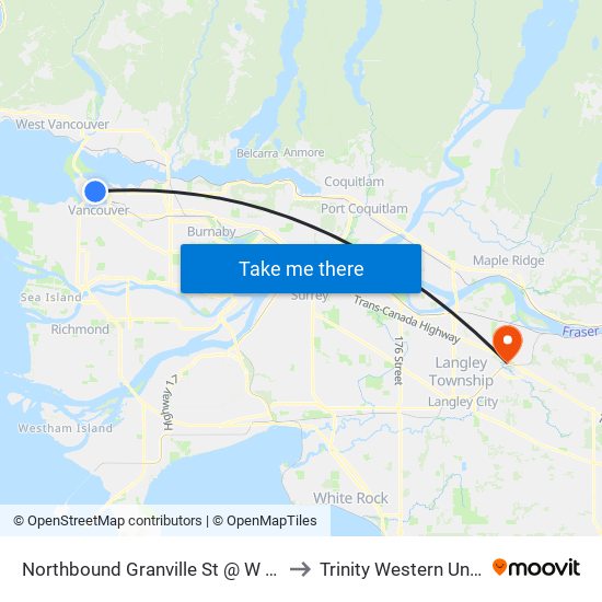 Northbound Granville St @ W Georgia St to Trinity Western University map