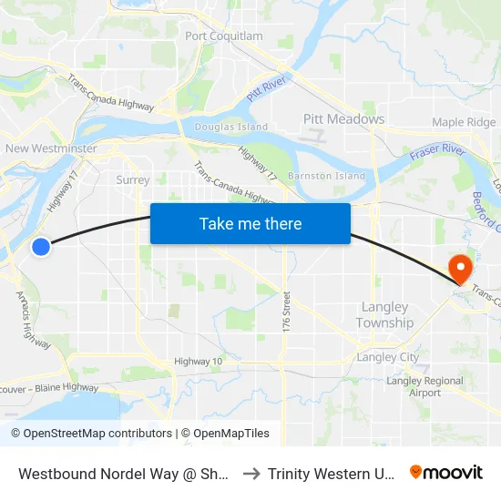 Westbound Nordel Way @ Shepherd Way to Trinity Western University map