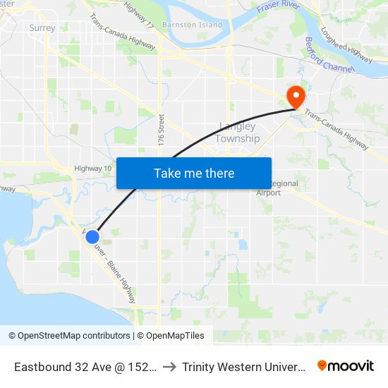 Eastbound 32 Ave @ 152 St to Trinity Western University map