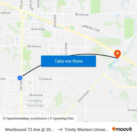 Westbound 72 Ave @ 200 St to Trinity Western University map