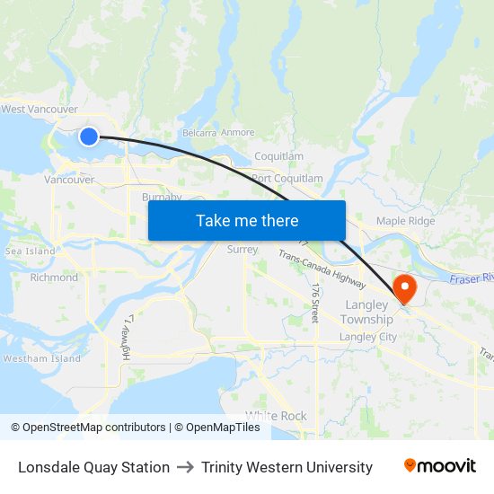 Lonsdale Quay Station to Trinity Western University map