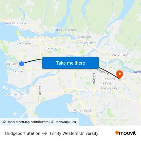 Bridgeport Station to Trinity Western University map