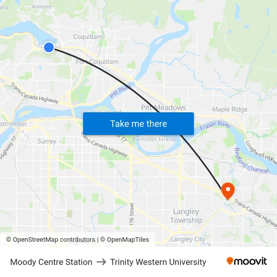 Moody Centre Station to Trinity Western University map