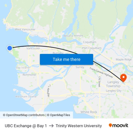 UBC Exchange @ Bay 1 to Trinity Western University map